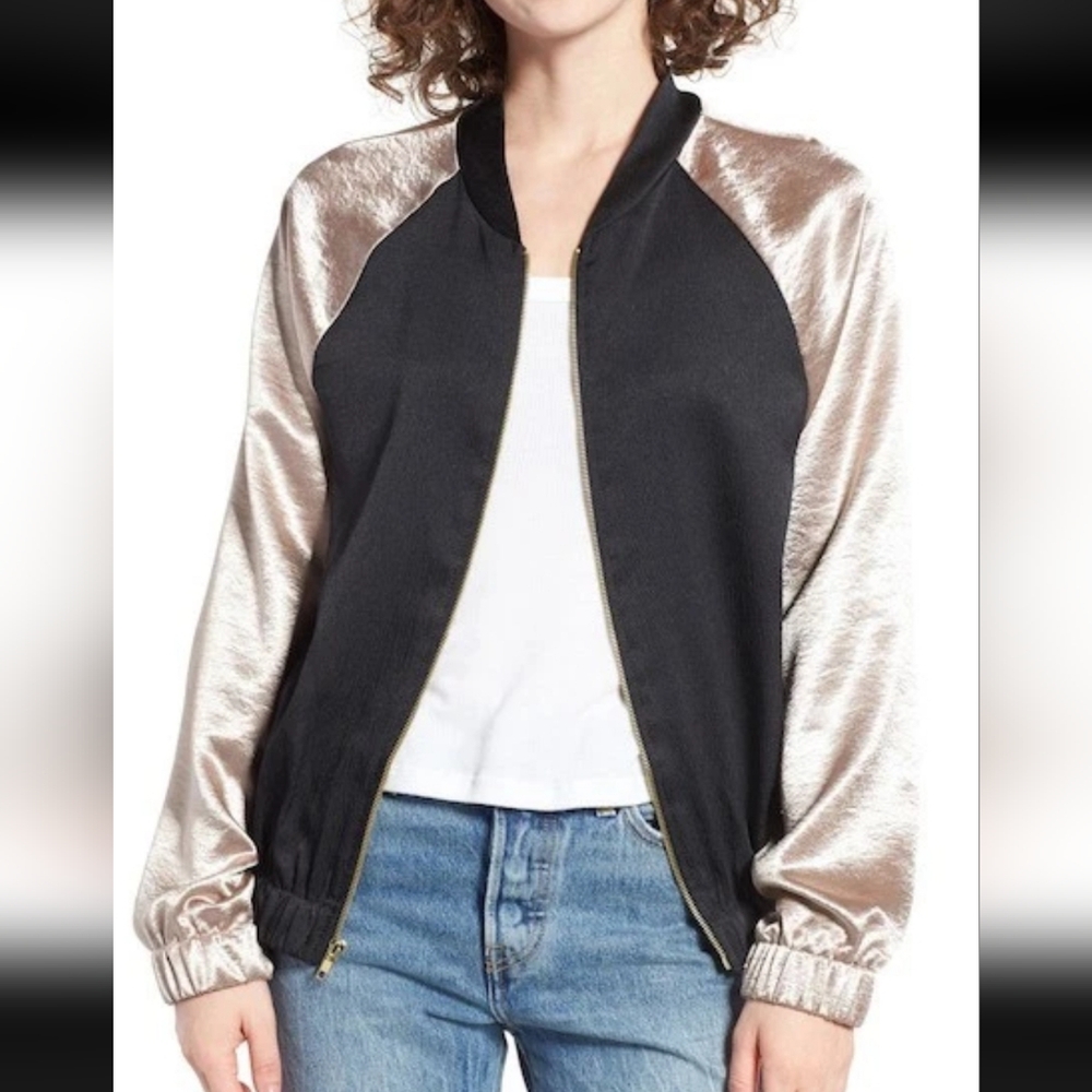 BP by Nordstrom Black and Gold Bomber Jacket + Fashion Nova Ruching Dress BUNDLE